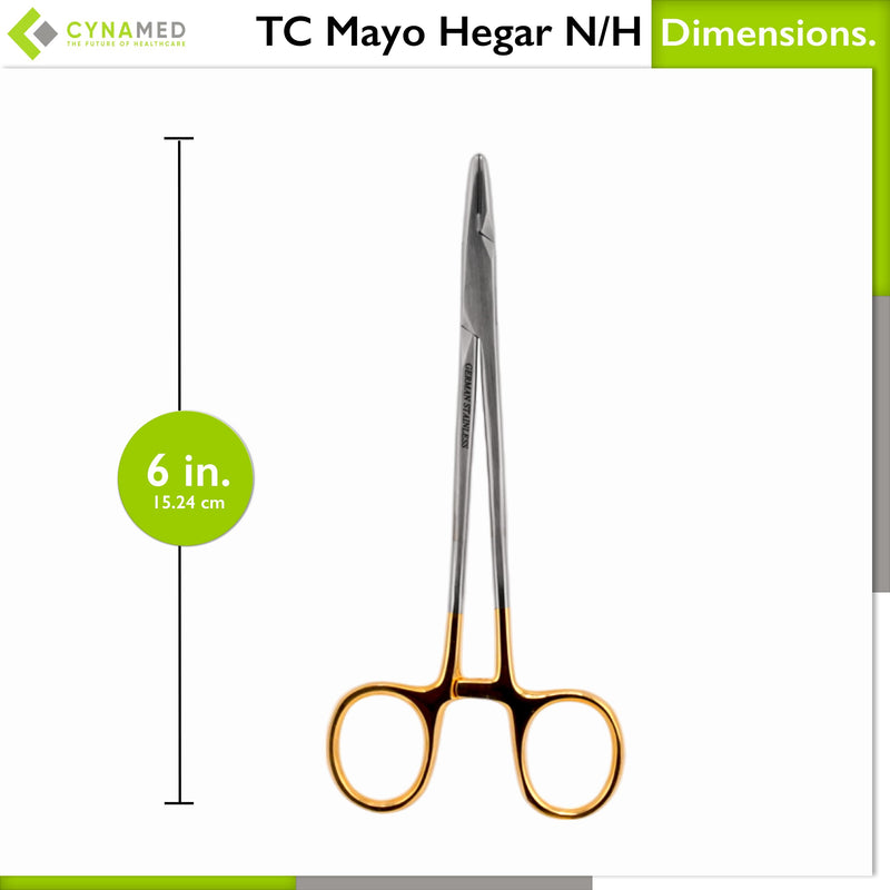 Cynamed TC Mayo Hegar Needle/Suture Holder Driver with Tungsten Carbide Inserts and Gold Rings - Premium Grade Instrument (6 in.) 6"