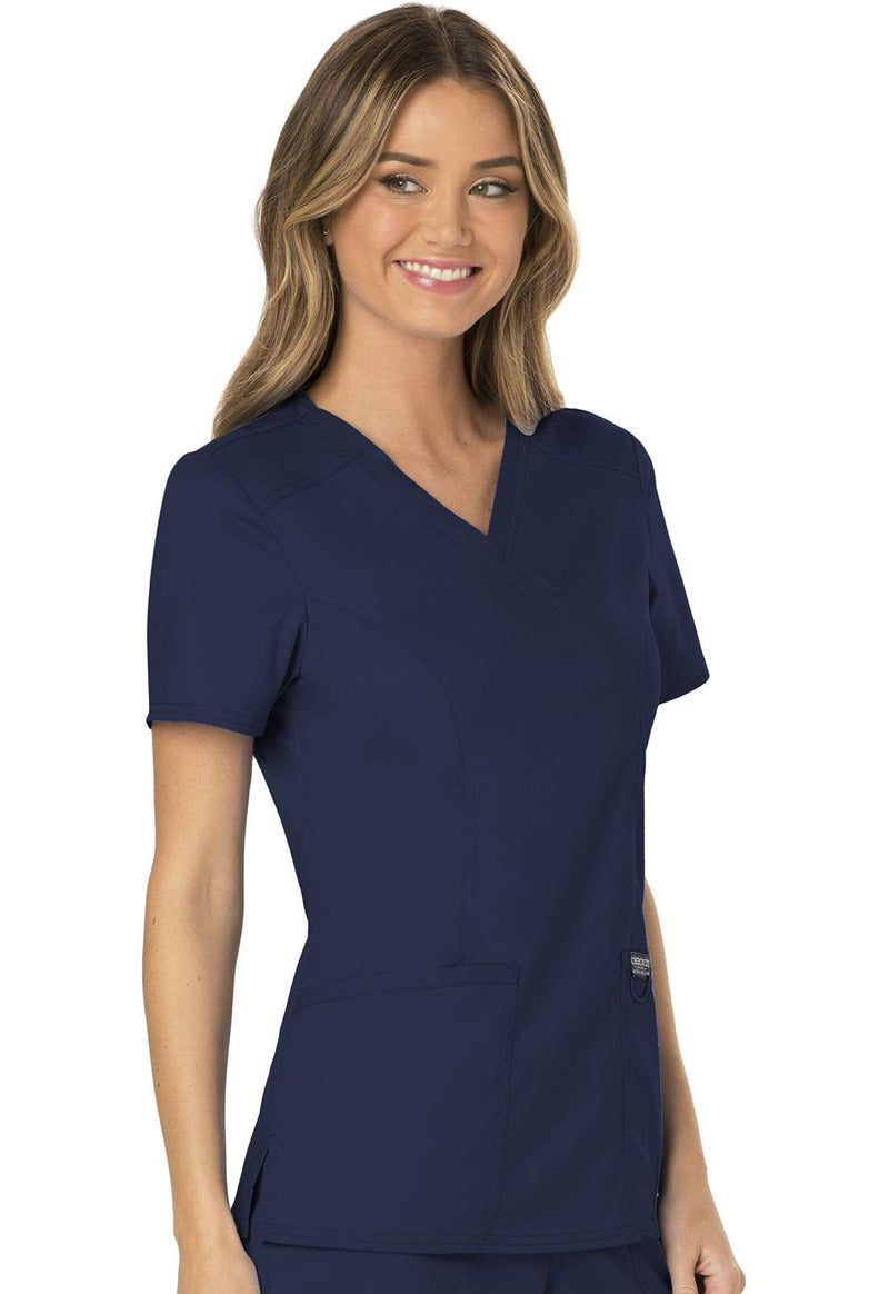 Cherokee Scrubs for Women Mock Wrap Top with 3 Pocket, Back Princess Seams WW610 Medium Navy