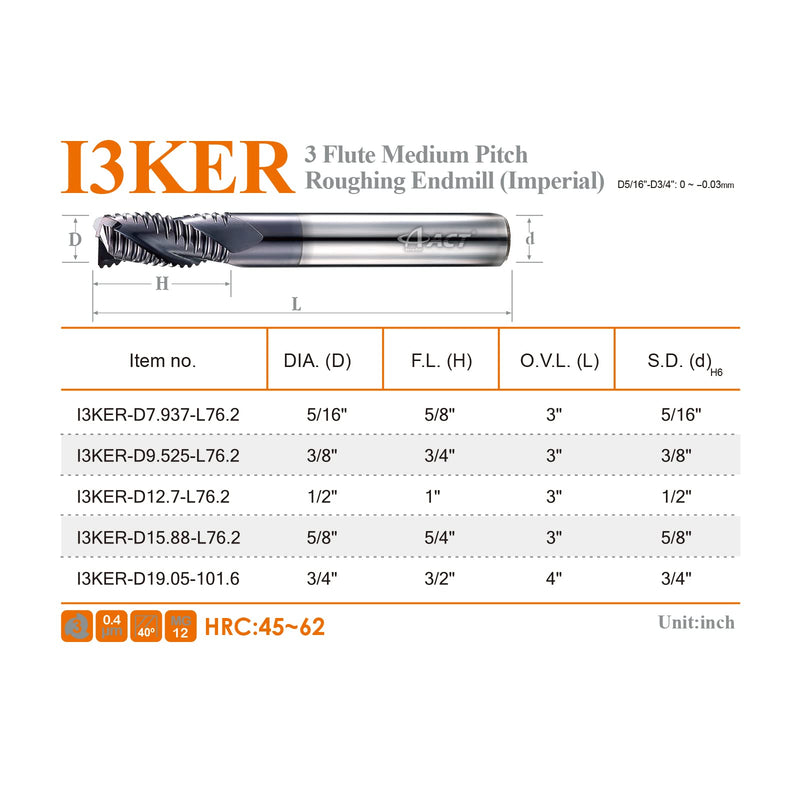 ACCUCUT I3KER 3/8” Carbide Roughing Square End Mill - 3 Flute Milling Bit for Steel, Forge Steel, Hardened Steel, Copper, Alloys & Materials < HRC 50-35 Degree Helix, AlTiN Coating CNC Router Bit