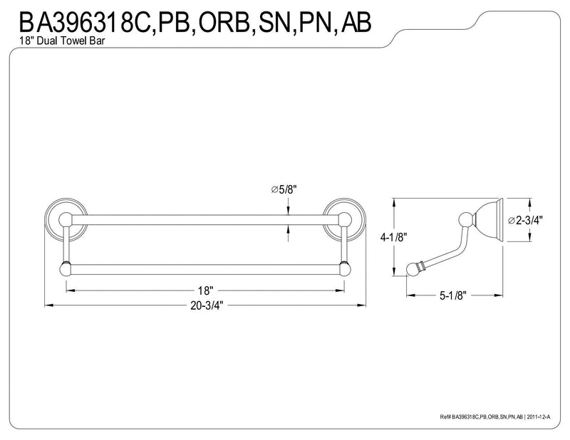Kingston Brass BA396318SN Restoration Dual Towel-Bar, 18-inch length, Brushed Nickel