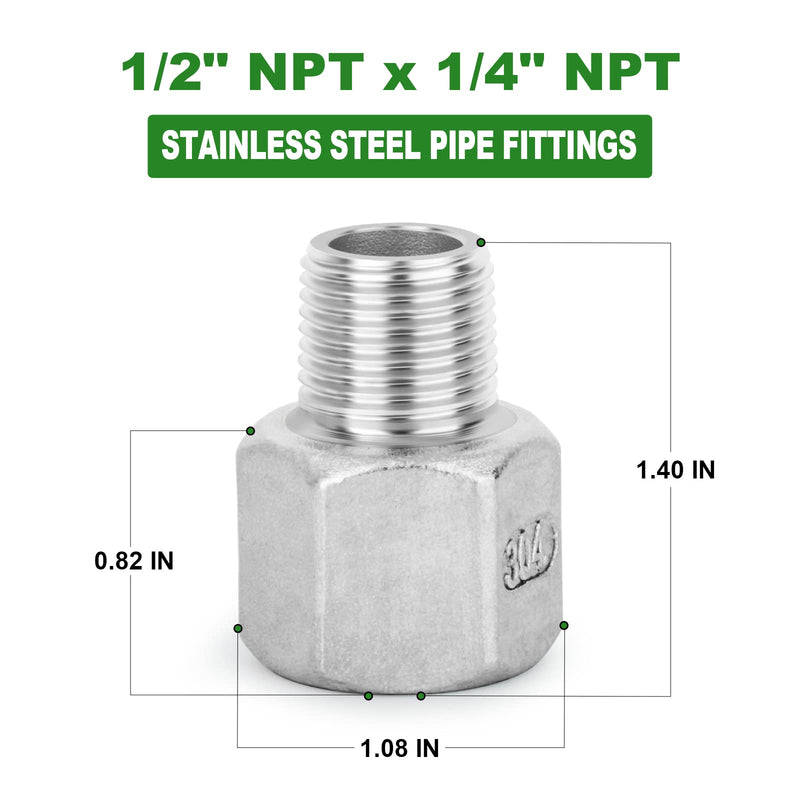 TAISHER 5PCS 304 Stainless Steel Pipe Fitting, Reducer Adapter, 1/4" Male NPTx 1/2" Female NPT 1/4” MNPT x 1/2“ FNPT 5