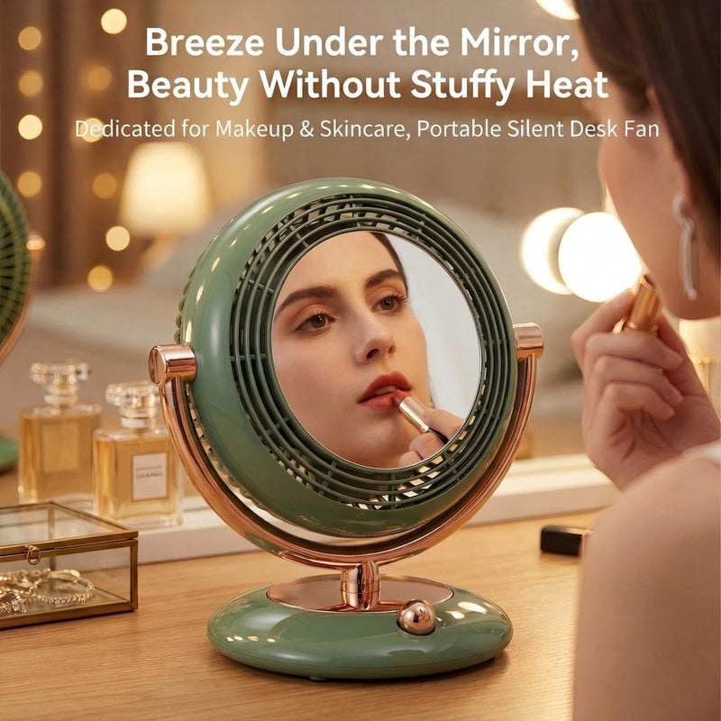 Retro-Style Makeup Mirror Desktop Portable Fan, Desktop Dressing Mirror with Built-in Fan, Equipped with LED Lighting, Warm and Cool Tone Lights, Touch Control Function (White) White
