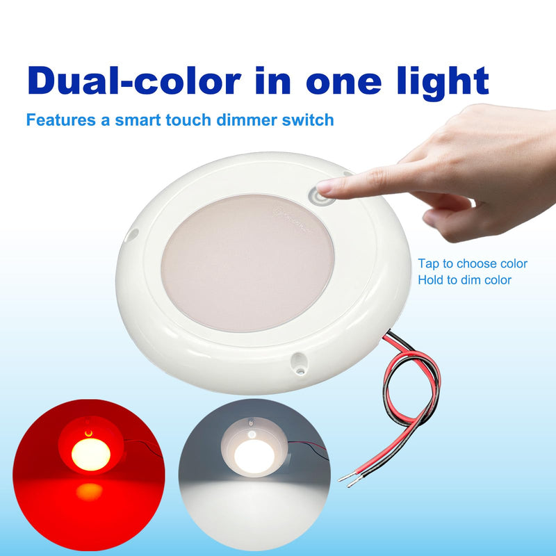 Marine Boat Dome Light, 5’’ Dual Color Boat Interior Lights with Touch Dimmer, 12V/24V Deck Cabin LED Lighting, IP67 Waterproof LED Dome Light for Boat RV UTV (White | Red) White | Red