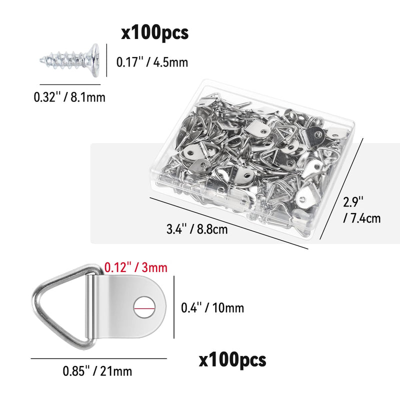 100 Pack Steel Picture Hangers with 100pcs 8mm Screws, Small Triangle Ring, Light Duty D Rings for Clock, Decoration, Mirror, Paintings, Artwork Picture Frame (Silver) Silver