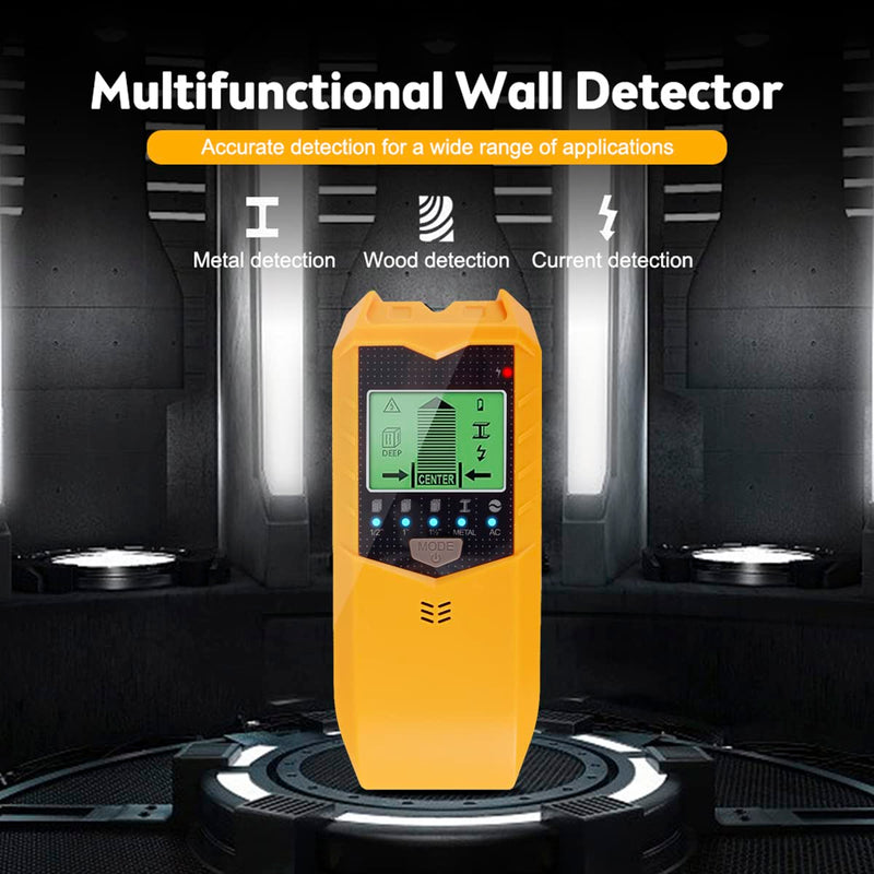 Stud Finder Wall Scanner, 5 in 1 Electronic Stud Sensor, Metal Detector Wall Scanner, Wall Wood Detector Scanner with LCD Display & Audio Alarm for Wood Metal Pipe Studs AC Wire Detection (Yellow)