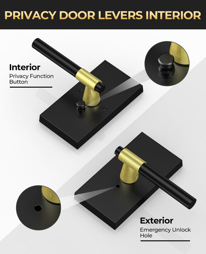 Black and Gold Door Handles Interior with Lock, Zinc Alloy Rectangular Modern Privacy Lever Door Knobs Interior for Bathroom Bedroom, Left or Right-Handed,1 Pack 1