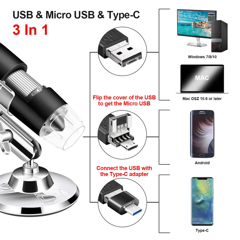 USB Microscope Camera 40X to 1000X, Cainda Digital Microscope with Metal Stand & Carrying Case, Compatible with Android Windows Linux Mac, Portable Microscope Camera for Kids Students Adults Black