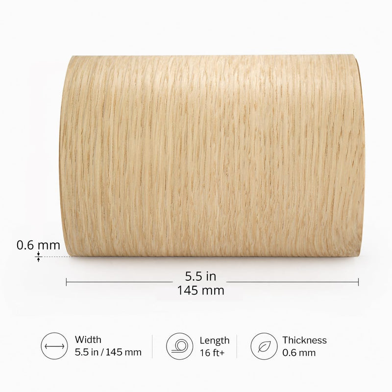 Rift-Cut White Oak Veneer Roll 5-1/2" x 16FT+, Pre-Glued Iron-On Wood Veneer, Sanded Smooth Finish for Cabinet Refacing & Furniture Makeovers, DIY Fireplace Mantels & Faux Beam Wraps
