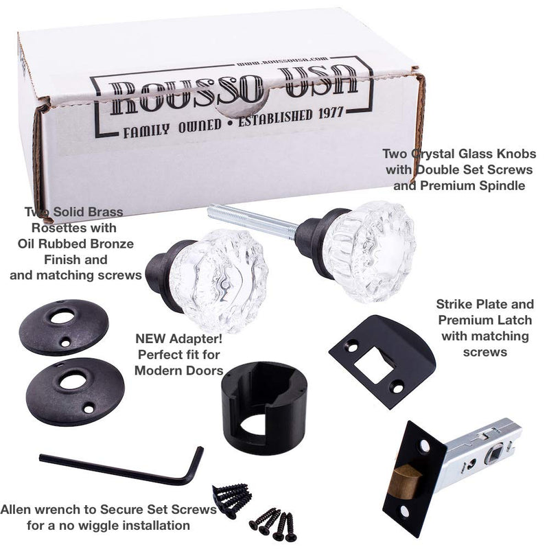 Rousso's Reproductions Affordable Fluted Glass Door Knob Set with all Hardware Needed to Install in Modern Pre-drilled Door or as Replacement Set for Older Door (Oil Rubbed Bronze) (Passage 2-3/8") V1 Ver 1.0: Passage 2-3/8"