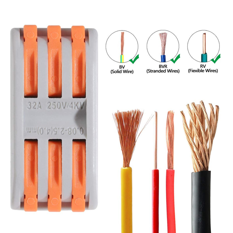 10pcs Conductor Compact Connectors Lever Wire Nut Electrical Connectors with Fixed Base for 3 Circuit Inline Splices 28-12 AWG 10 Pcs 3 series circuit