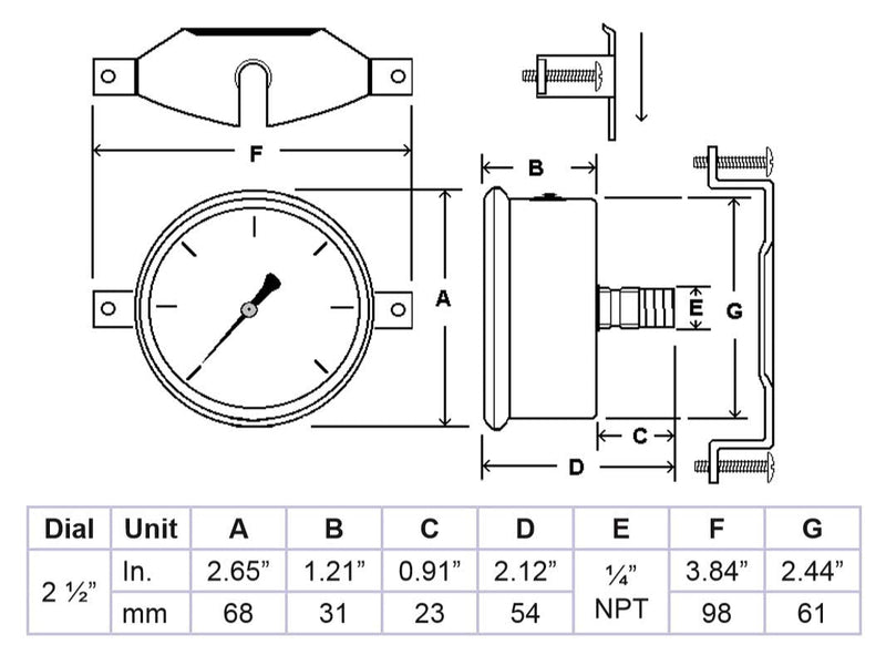 PIC Gauges PRO-203L-254R U-Clamp Panel Mount Glycerin Filled Industrial Pressure Gauge w/ SS Case, Brass Internals, Plastic Lens, 2.5" Dial, 0/5000 psi Range, 1/4" Male NPT