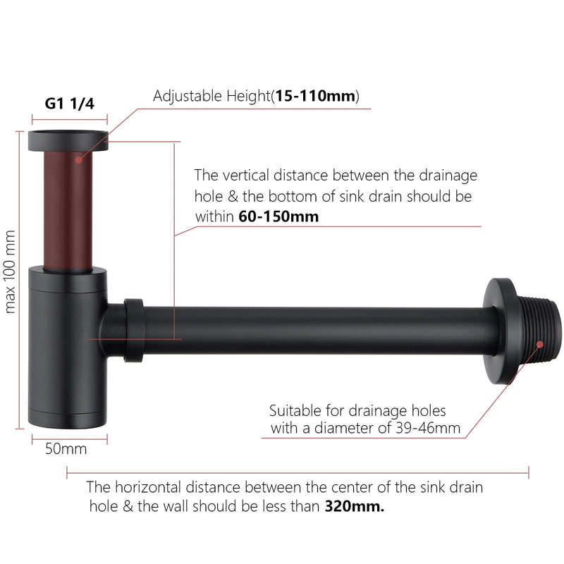 Brass P Trap Bathroom Sink: 1-1/4 Sink Trap with Adjustable Height - Matte Black Round Bottle P-Trap with Slip Joint Extension Tube - Basin Sink Stainless Steel Plumbing/Pipe Replacement Kit