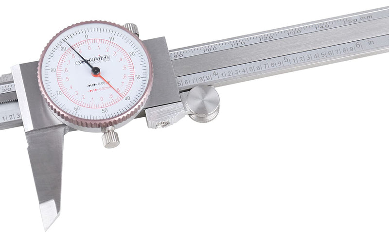 Accusize Industrial Tools 0-6''/0-150 mm by 0.001''/0.02 mm Inch/Metric Dual Needle Precision Dial Caliper Stainless Steel, P920-S236