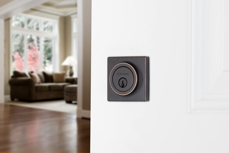 BRINKS – Deadbolt Lock, Single Cylinder Dead Bolt - Tuscan Bronze - Square Exterior Keyed Front Door Entry – Contemporary Modern Finish