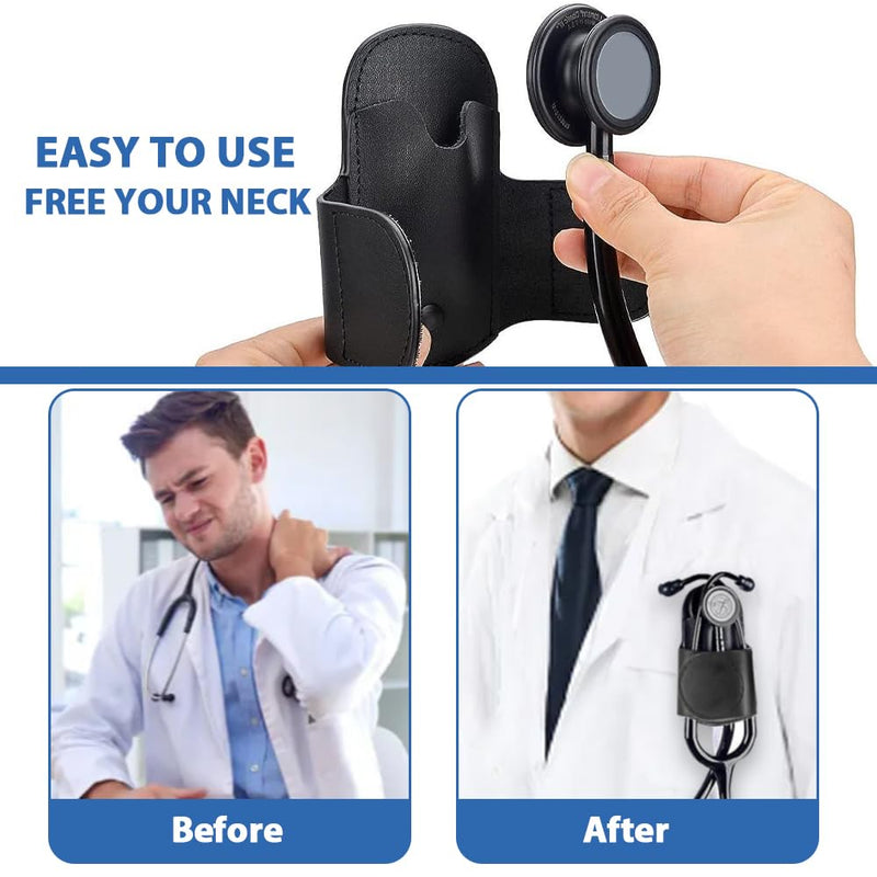 Stethoscope Hip Holder Clip for Nurses EMTs & Medical Students, PU Leather Belt Holster for Scrubs Pockets & White Coats, Hands Free Stethoscope Holder Fits Littmann & Most Stethoscopes Black PU Leather Black