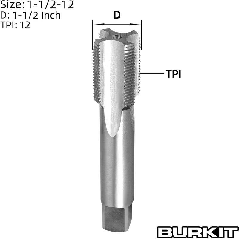 Burkit 1-1/2"-12 UNF Thread Tap Right Hand, HSS 1-1/2 x 12 UNF Straight Fluted Machine Tap