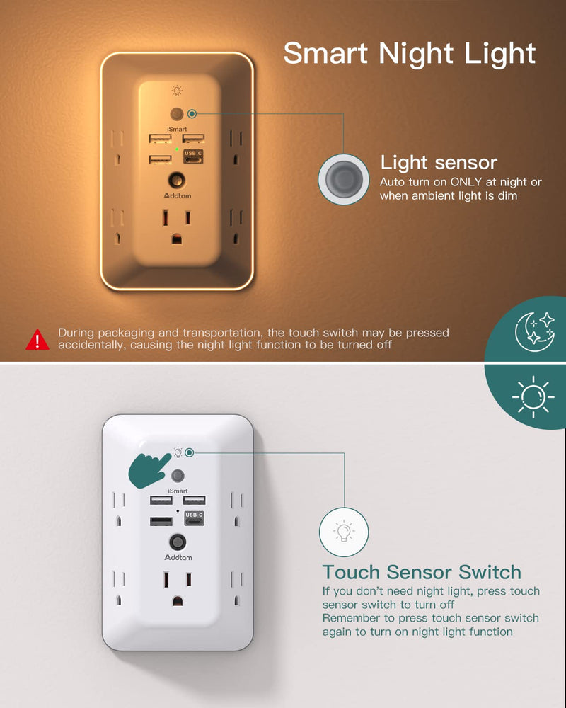 Surge Protector, Outlet Extender with Night Light, Addtam 5-Outlet Splitter and 4 USB Ports(1 USB C), Multi Plug Wall Outlet for Home Office Dorm Room Essentials 1C3A White