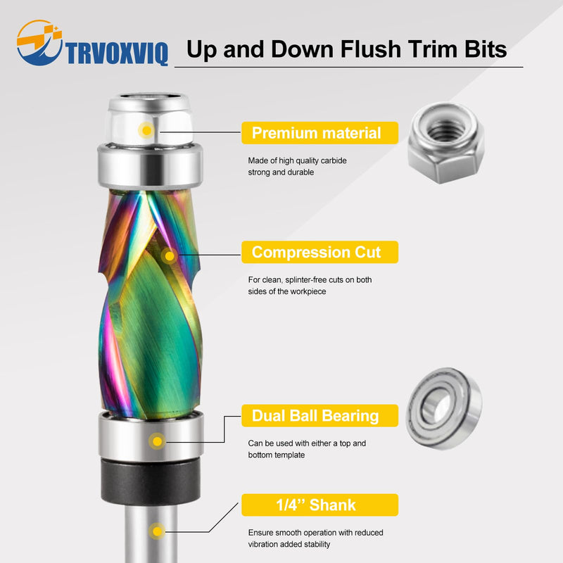 Carbide Compression Flush Trim Router Bit 1/4 Shank, 1/2" Diameter, 1" Cutting Length，DLC Coated Up Down Pattern Template Router Bit with Top and Bottom Bearing for Woodworking Trimming 1/4''x 1/2''x 1''
