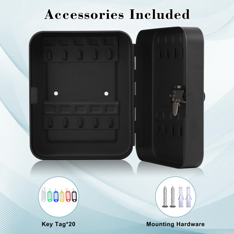 KYODOLED 20 Key Storage Lock Box with Code, Key Cabinet Organizer Wall Mount with Combination Lock, Hooks & Labels for Home, Office & Rental Properties, 7.87 x 6.3 x 3.14 in, Black Black With Combination Lock