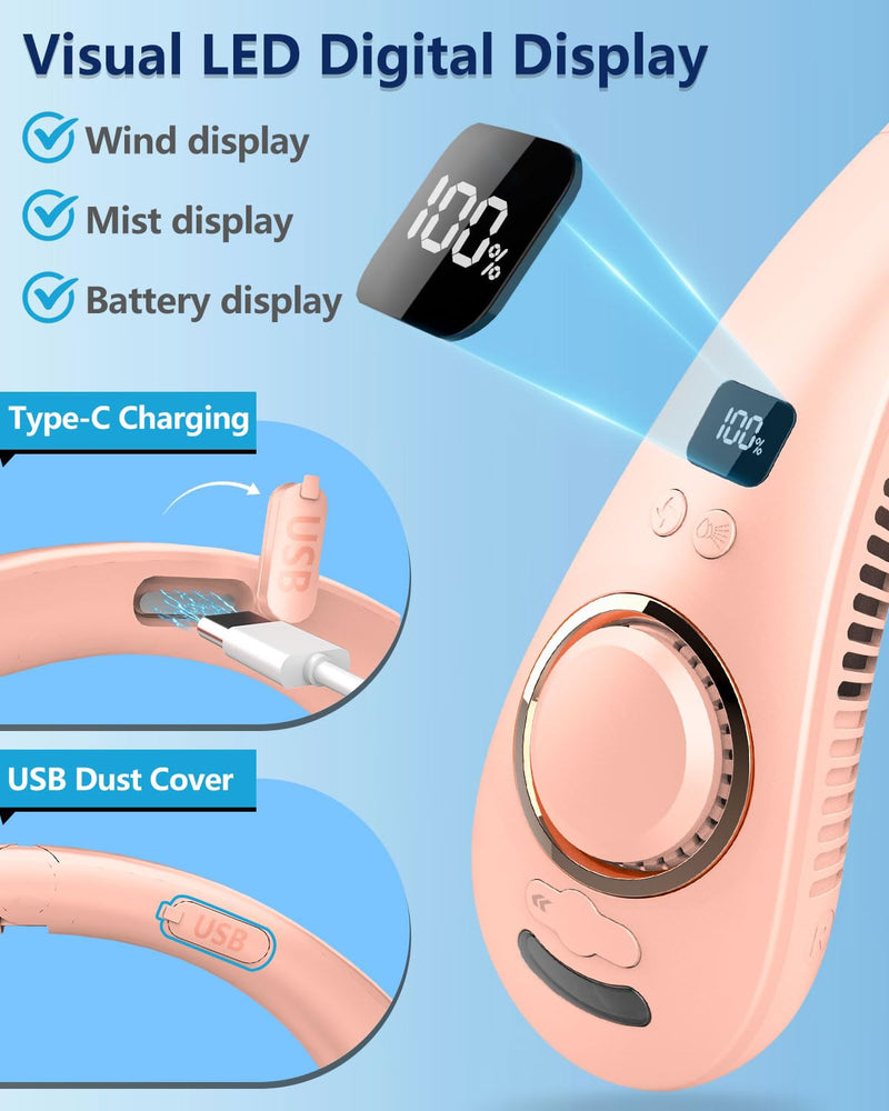 Neck Fan with Water Mist Spray,Misting Cooling Personal Fans for Your Neck Go Around that Blow Cold Air,Foldaway Hands Free Devices Mister Fan,Best Gifts for Mother's Day Father's Day Birthday