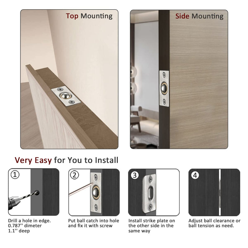 JQK Closet Door Ball Catch Hardware, Stainless Steel Catch Adjustable with Strike Plate, Brushed Satin Finish 2 Pack, HBC100-P2