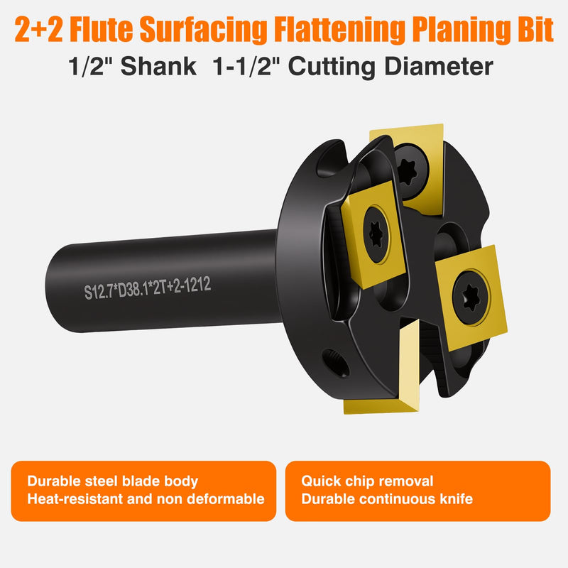Surfacing Flattening Router Bit,1/2" Shank 1-1/2" Cutting Diameter,2+2 Replaceable Inserts with 10 Extra Blades,2+2 Flute Slab Flattening & Planing for Woodworking S12.7*D38.1