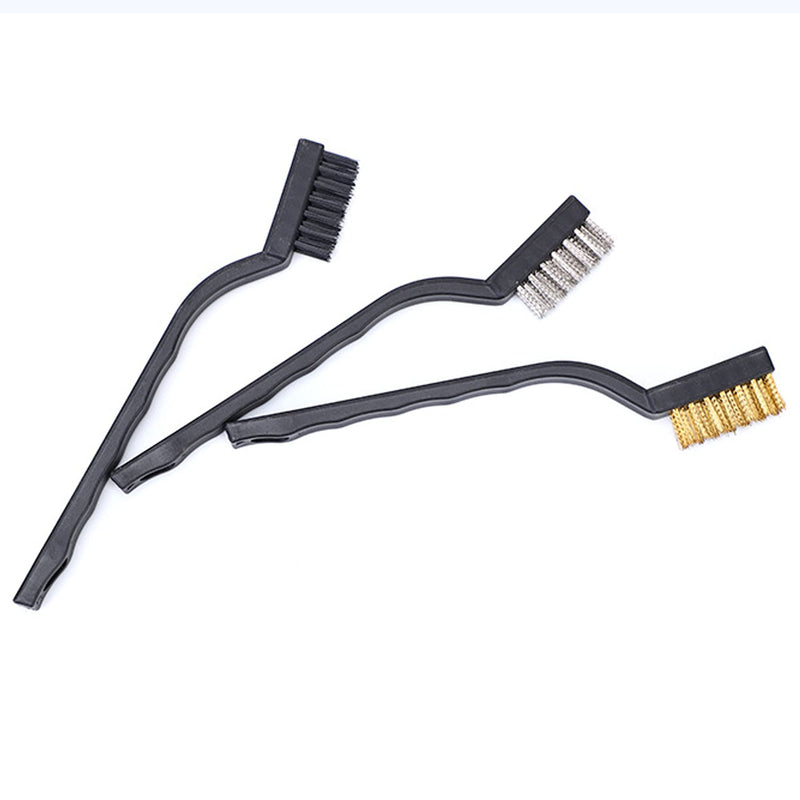 3Pcs Mini Wire Brush Set for Cleaning and Rust Removing, 7 Inch Industrial Wire Brushes of Stainless Steel/Nylon/Brass Bristles Black