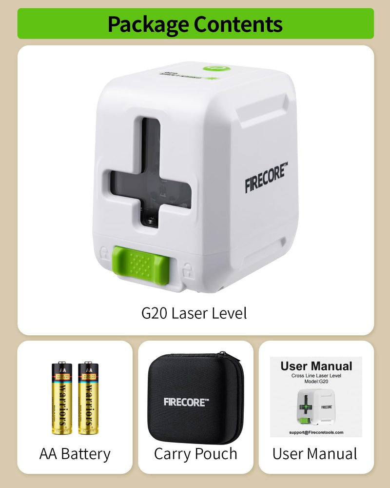 Laser Level, Firecore 82Ft Self Leveling Lazer Level, Green Cross Line leveler Tool with Brightness Adjustment, DIY Laser Level for Picture Hanging and Indoor Projects, Battery, Carry Pouch Included