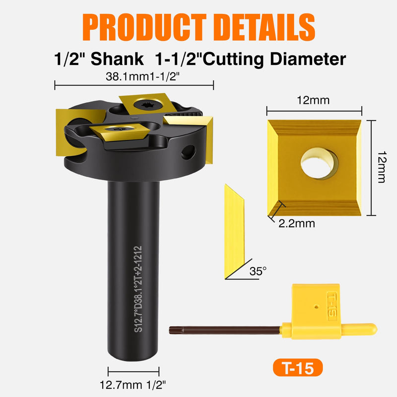 Surfacing Flattening Router Bit,1/2" Shank 1-1/2" Cutting Diameter,2+2 Replaceable Inserts with 10 Extra Blades,2+2 Flute Slab Flattening & Planing for Woodworking S12.7*D38.1