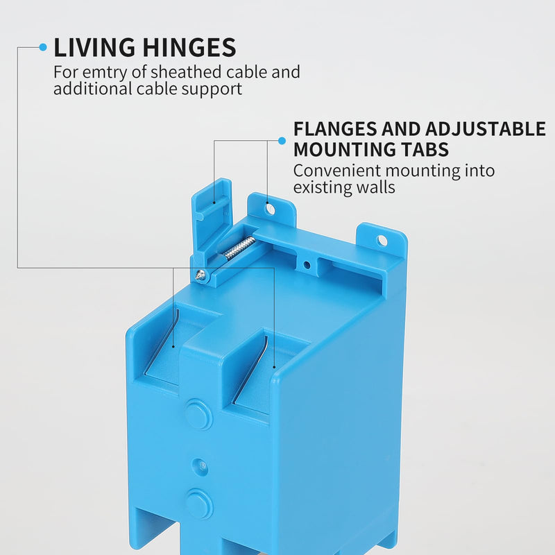 XIUTE 1-Gang High Grade of PVC Old Work Standard Switch/Outlet Wall Electrical Box,Blue，14 Cubic Inch Junction Box,Adjustable Mounting Tabs，ETL 1Gang 14Cu.In 1 pack of blue
