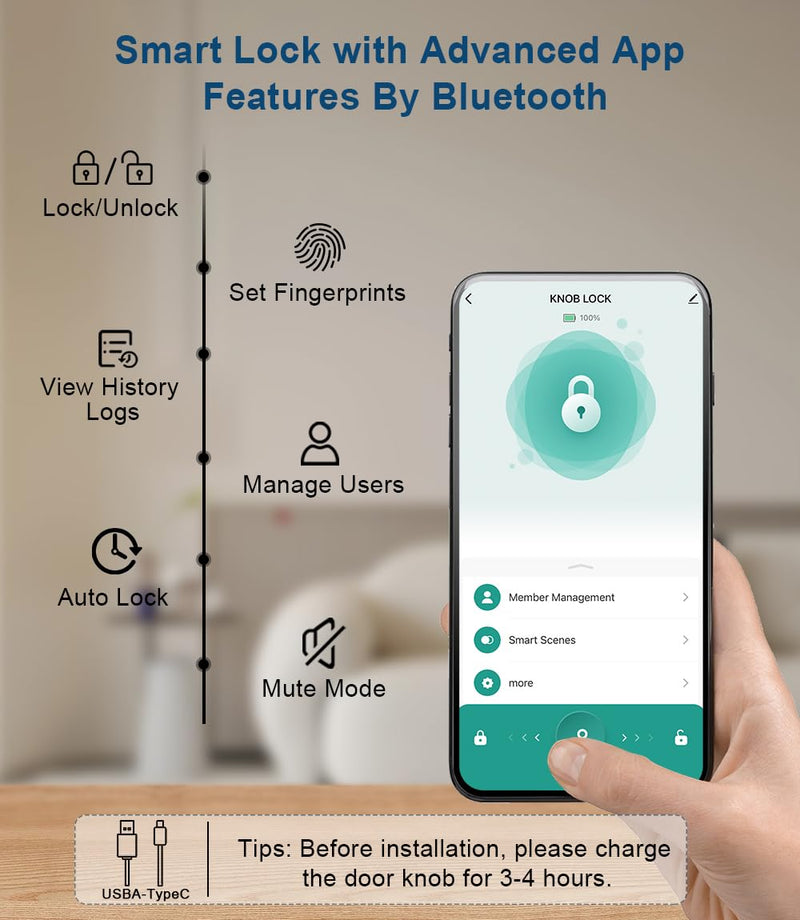 Fingerprint Door Lock, Smart Fingerprint Door Knob with Keypad, Biometric Door knobs with App Control, Auto Lock Door Lock with Code, Keyless Door Knob with Locks for Bedroom, Home,Office-Matte Black Matte Black