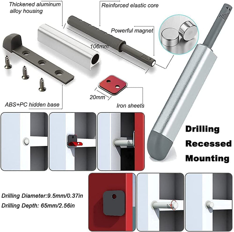 4Pack Push to Open Cabinet Hardware Door Latch & Lock, Magnetic Push Latches for Hidden Door Heavy Duty Magnet Push Release Drawer Pull Strong Pop Out for Kitchen RV Closet Tip On Close- Silver 4 Pack