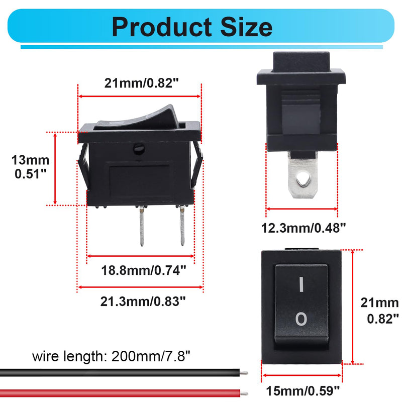 TWTADE 10Pcs Rocker Switch ON/Off 2Pin Latching Square Toggle SPST Switch Snap with Wires KCD1-X-F Square-10PCS