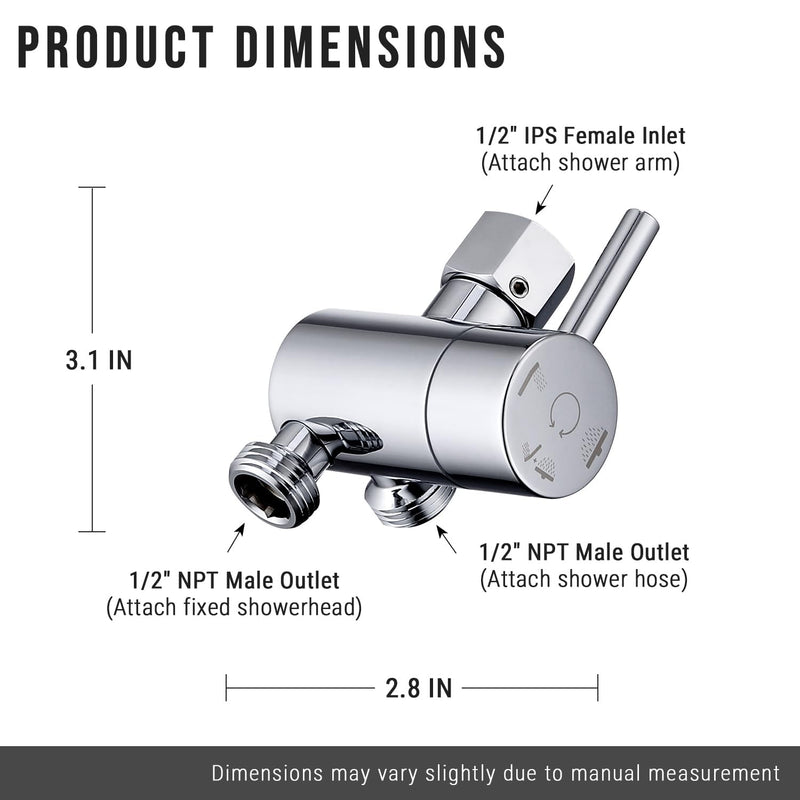 G-Promise Solid Metal High-Flow Shower Diverter Valve for Handheld and Fixed Spray Showerhead, G 1/2 3-Way Bathroom Universal Diverter System Adapter Replacement Part (Chrome) Chrome