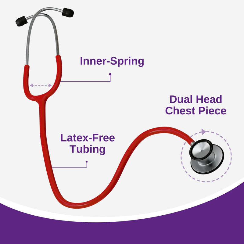 HCS Red Stethoscope, Premium Stainless Steel - Medical, Dual Head Stethoscopes for Nurses, Doctors, Veterinary, Nursing School, Work, Home - 22 inch Tubing