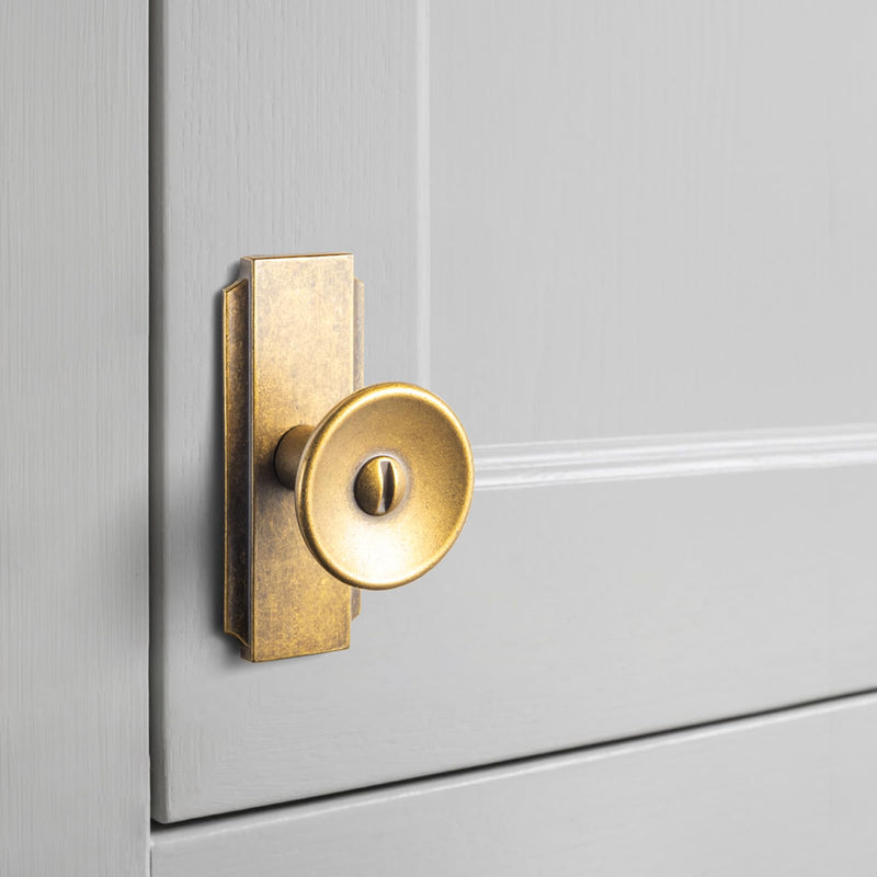 6 Pack Antique Brass Cabinet Knobs with Backplate, Vintage Stepped Plaquette Drawer Pulls, Industrial Concave Round Knobs for Farmhouse Kitchen, Bedroom Dresser and Furniture Restoration