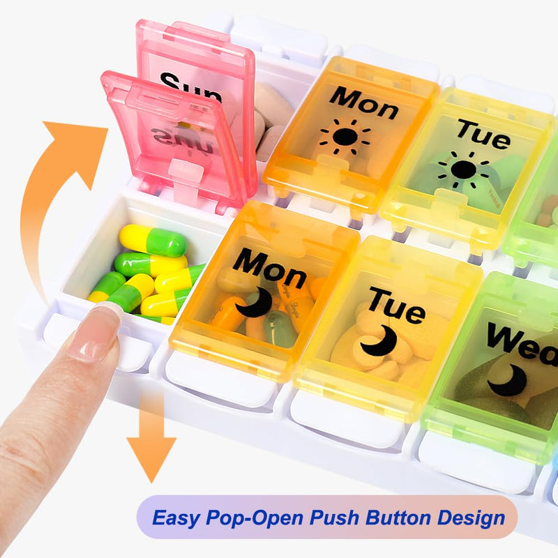 HRX Package Medicine Pill Boxes 7 Day AM/PM, Easy Fill & Open Medication Organizer Vitamin Reminder Holder Day and Night Colorful