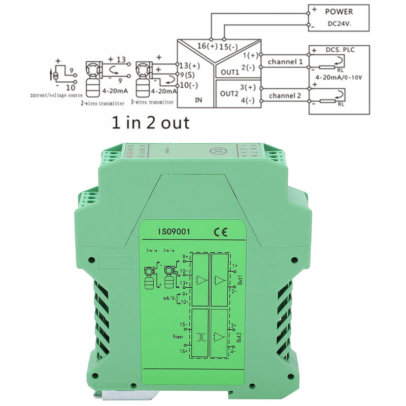 DC Signal Isolator, Analog Signal Isolator, 0-10V To 0-10V High Reliability 1 IN 2 OUT DC24V Powered Current Signals Conditioner for 2 or 3 Wire Transmitters