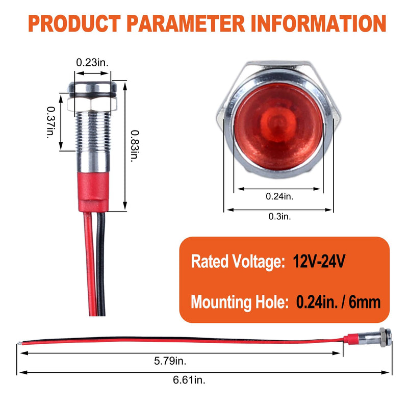 10Pcs 6mm (1/4") Energy Saving LED Indicator Light 12V-24V 20mA Metal Waterproof Wide Flat Head Signal Lamp Pilot Dash Directional with Wire （Red LED 10Pcs Red 6mm / 12V-24V