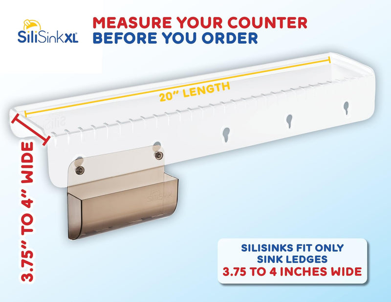 SiliSink XL Silicone Sink Edge Guard for Kitchen Sink - Fits 3.75” - 4” Wide - The Original Silicone Sink Edge Protector with Sponge Caddy - Splash Guard, 20” Clear Diamond 4in x 20in