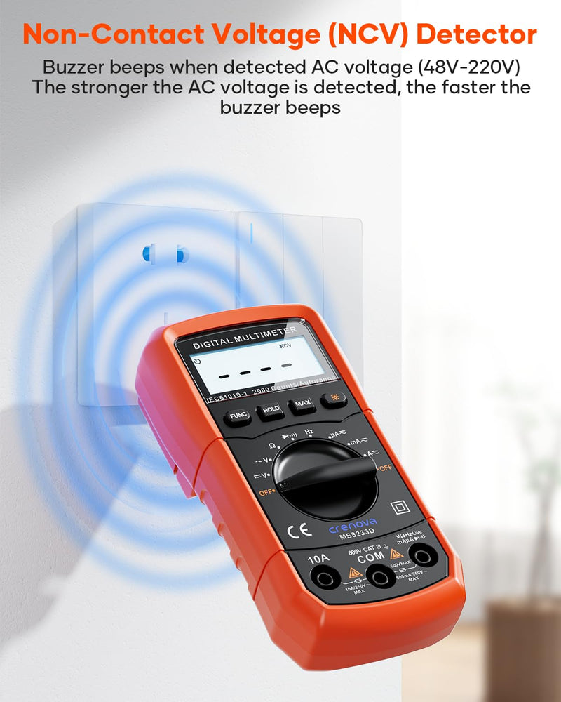 Crenova MS8233D Multimeter 6000 Counts Digital Multimeter DC AC Volt Meter Ohm Volt Amp Tester Measures Voltage Current Resistance Capacitance Continuity Diode Duty-Cycle Frequency NCV Live Wire Test