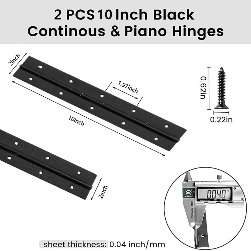 10-Inch Black Continuous & Piano Hinges - 2 PCS Heavy Duty Stainless Steel Butt Hinges with Hole - 0.05" Thickness, 2" Open Width - Ideal for Folding Cabinet Doors