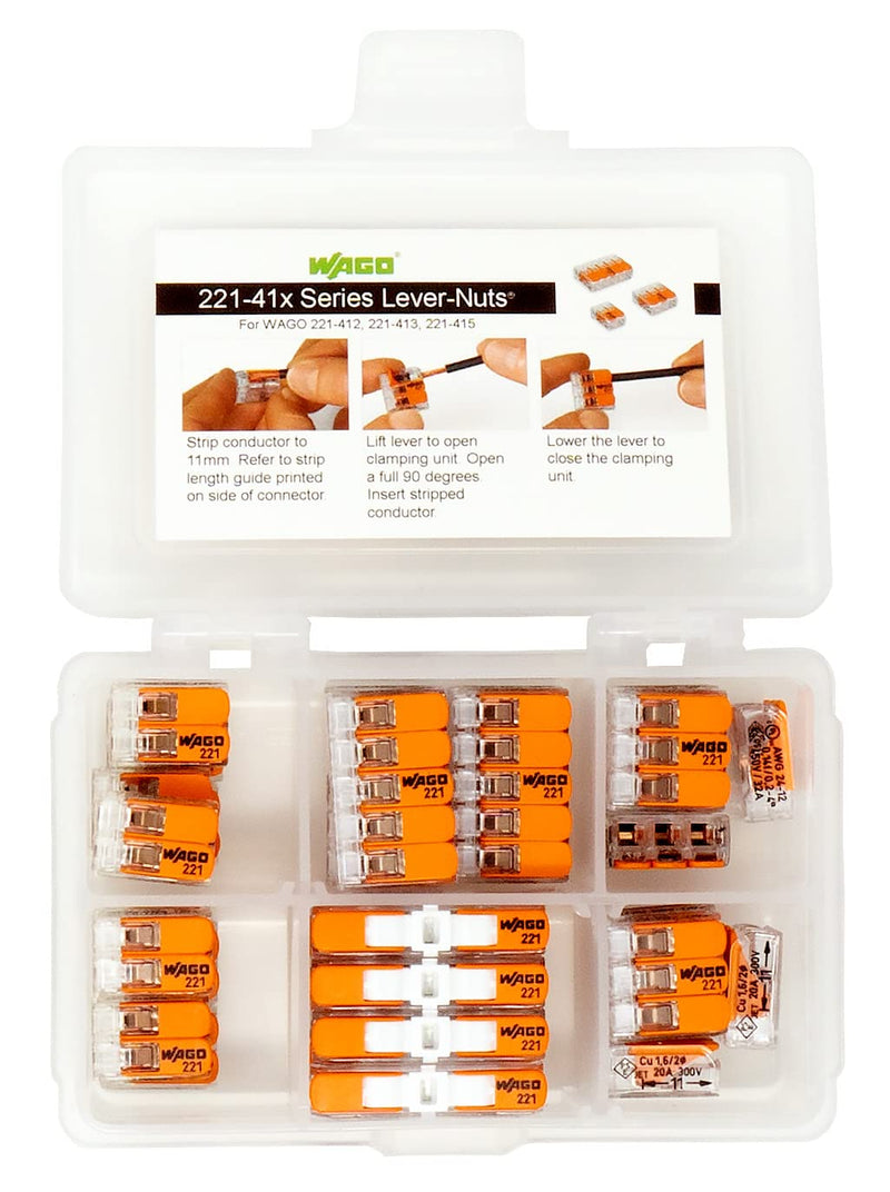 WAGO 221 Lever Nuts 35pc Compact Splicing Wire Connector Assortment with Case. Includes (10x) 221-2401, (10x) 221-412, (10x) 221-413, (5X) 221-415