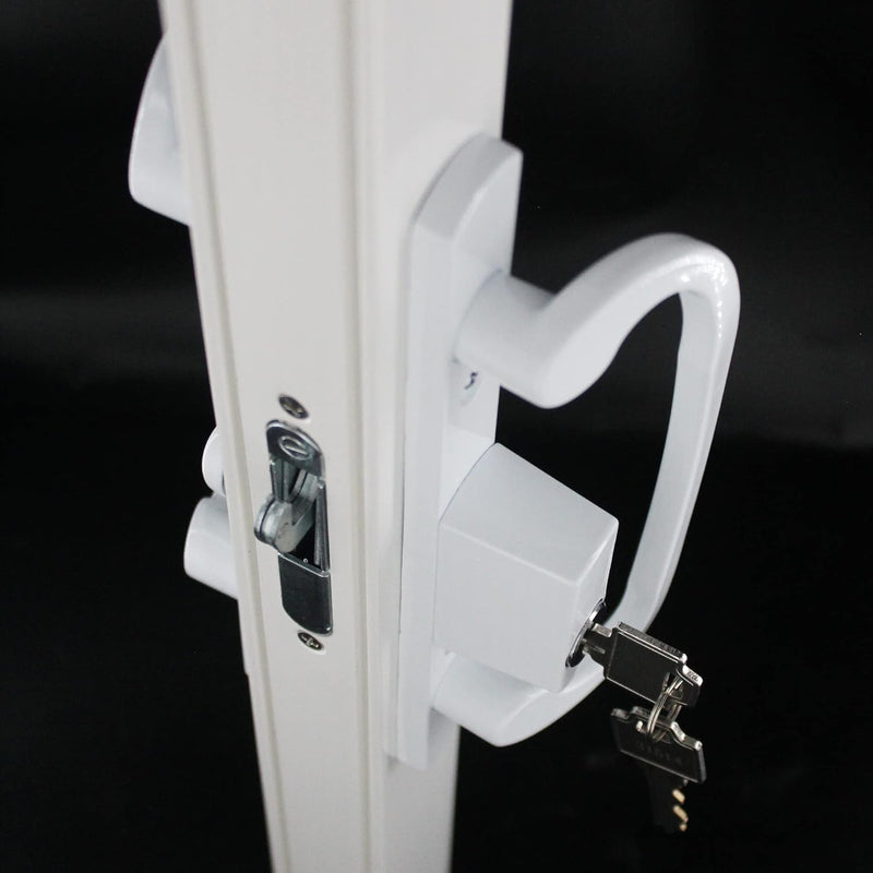 8.5" Legacy Sliding Patio Glass Door Offset Latch White Handle Set with Keys - Sash Controls 2265 Keyed Lock - Fits 3-15/16" Screw Hole Spacing and 1-1/4" to 2-1/4" Door Thickness