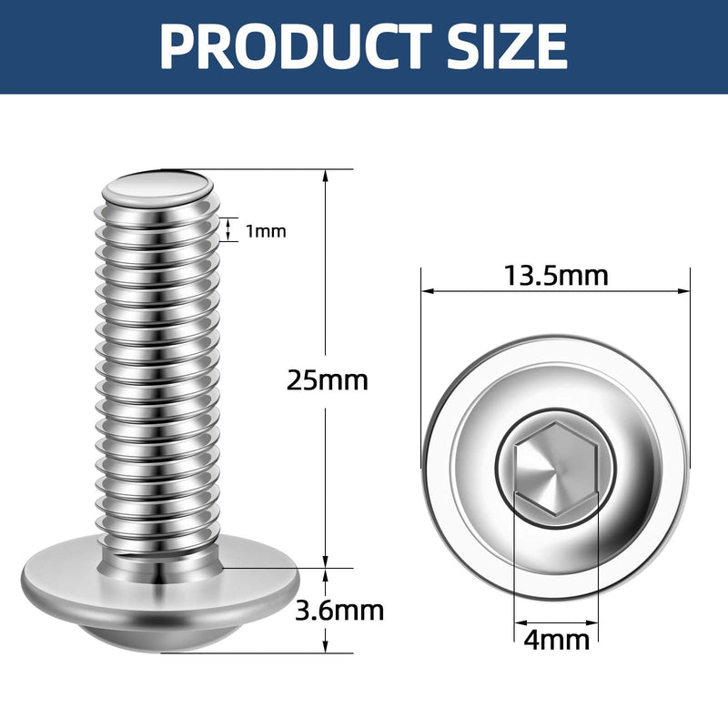 M6-1.0 x 25mm Flanged Button Head Socket Cap Screws, Stainless Steel 18-8 (304), Bright Finish, Full Thread, Allen Socket Drive, 25 PCS M6 x 25mm