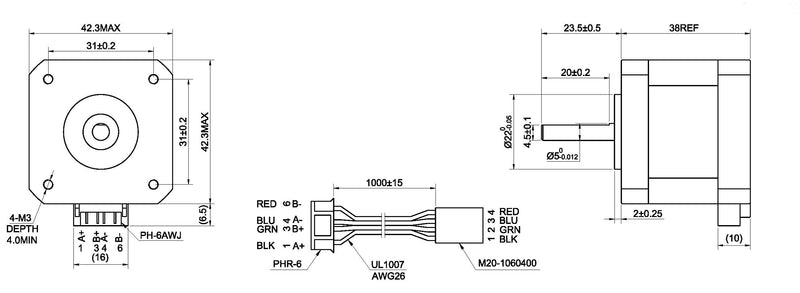 STEPPERONLINE Nema 17 Stepper Motor Bipolar 1.5A 42Ncm 42x42x38mm 1.8deg 4 Wires with 1m Cable and Connector (1 Pack) Black-1.8°