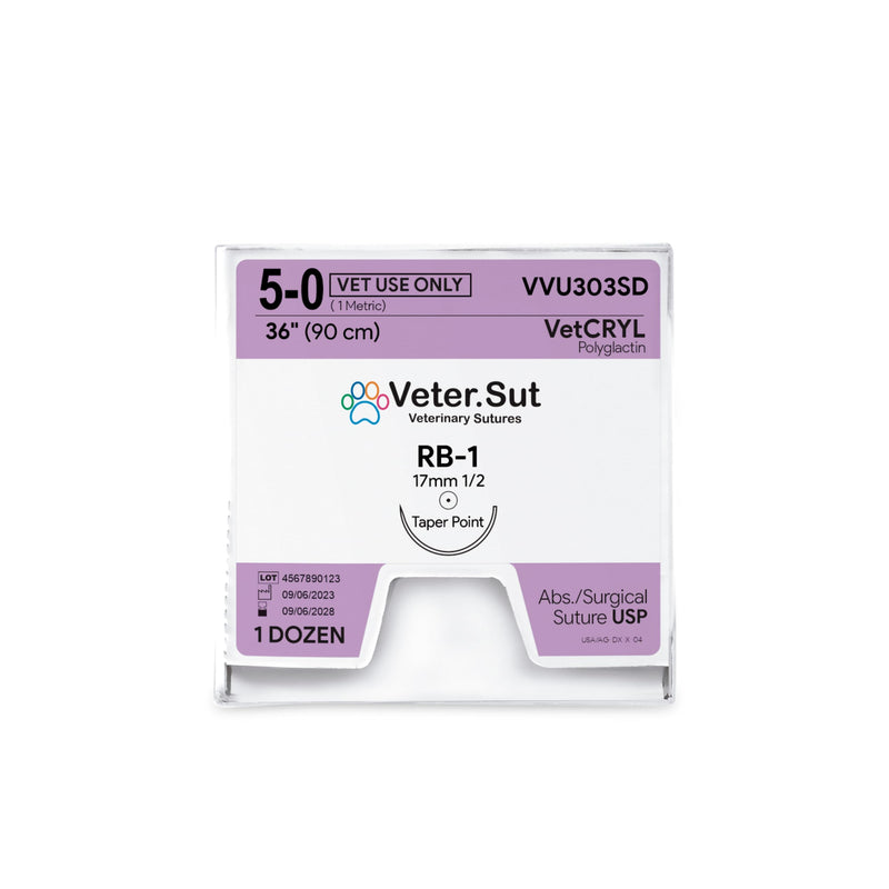 VeterSut VetCRYL Absorbable Polyglactin Surgical Suture USP Size 5-0, (RB-1) 1/2 17mm Taper Point Needle, 36 Inches (90 cm), 12 Count, Veterinary Use