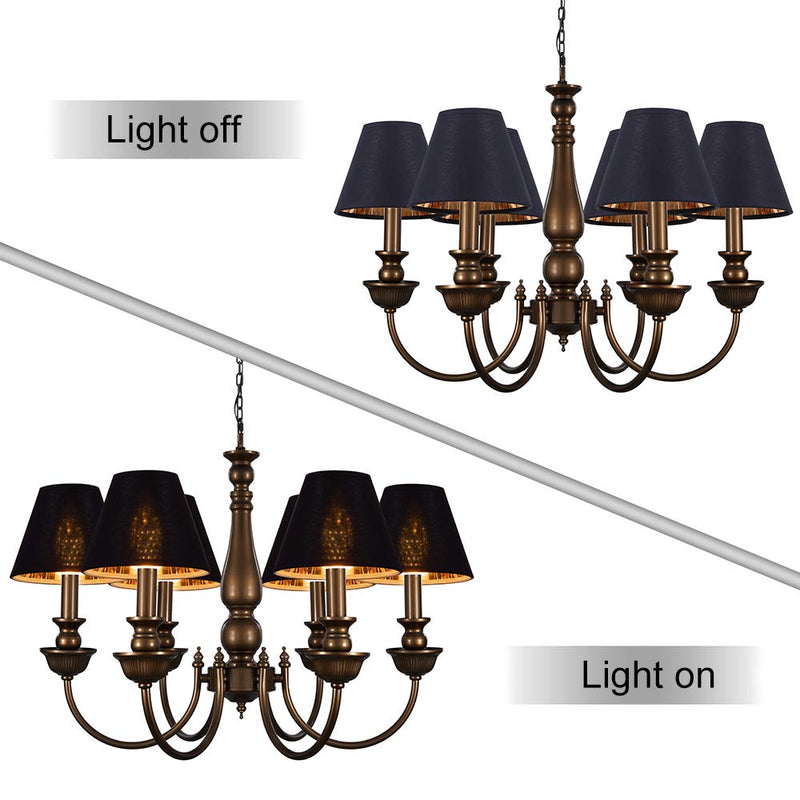 Wellmet Chandelier Lamp Shades, ONLY FOR CANDELABRA BULBS, Clip-on Fitter Lampshade, 3" X 6" X 5", Set of 6 Black-Gold
