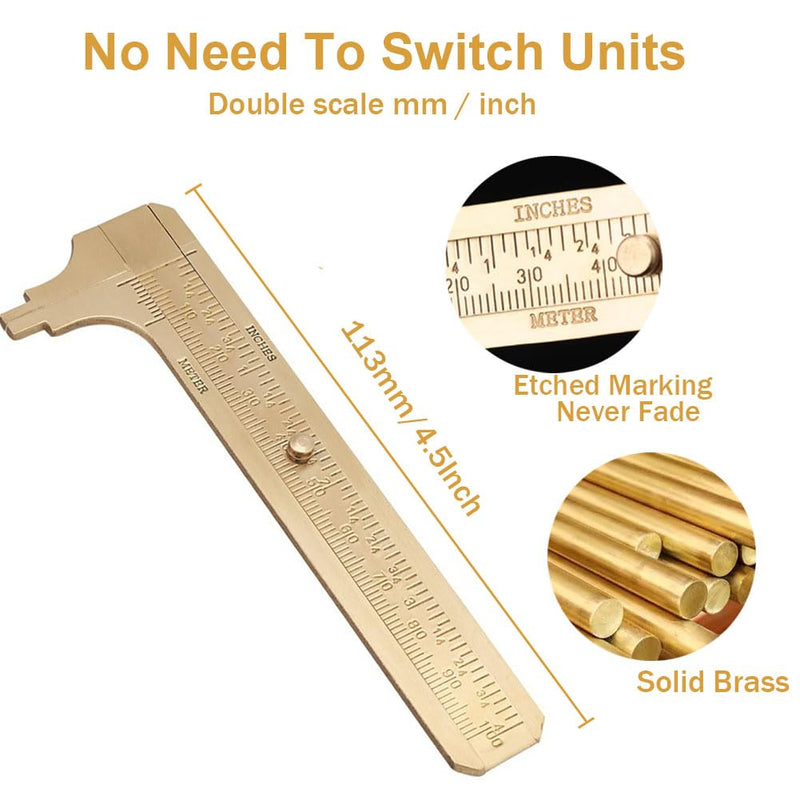 Brass Pocket Caliper with Double Scale Sliding Gauge Bead Measuring Tool Millimeter Gauge Mini Brass Vernier Caliper Brass Ruler, Gold Ruler for Measuring Jewelry(100mm) 2 Pack