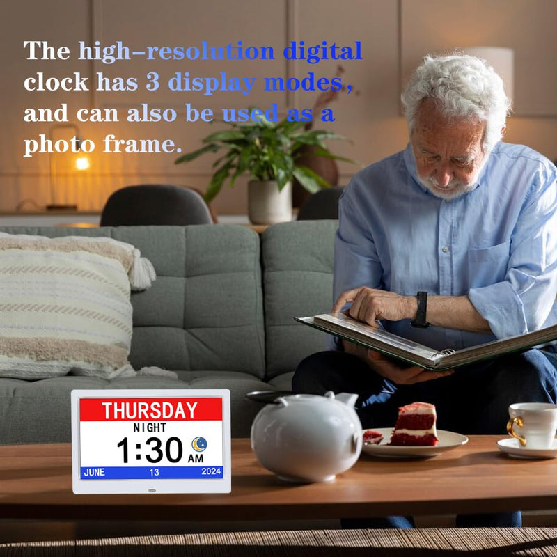 AINFTIME DST Digital Clock with Date and Day of Week for Elderly-12 Alarms Medication Reminder Dementia Alzheimers Clock Calendar with Extra Large Display (10.1 inch White) 10.1 inch White
